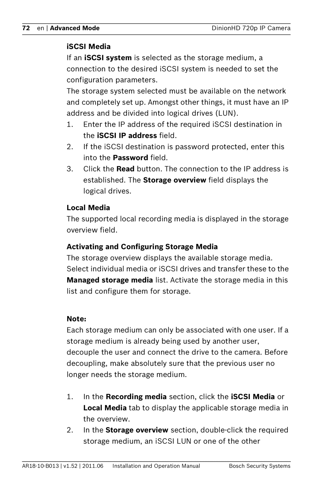 Bosch Appliances NBN-921 operation manual ISCSI Media, Local Media, Activating and Configuring Storage Media 