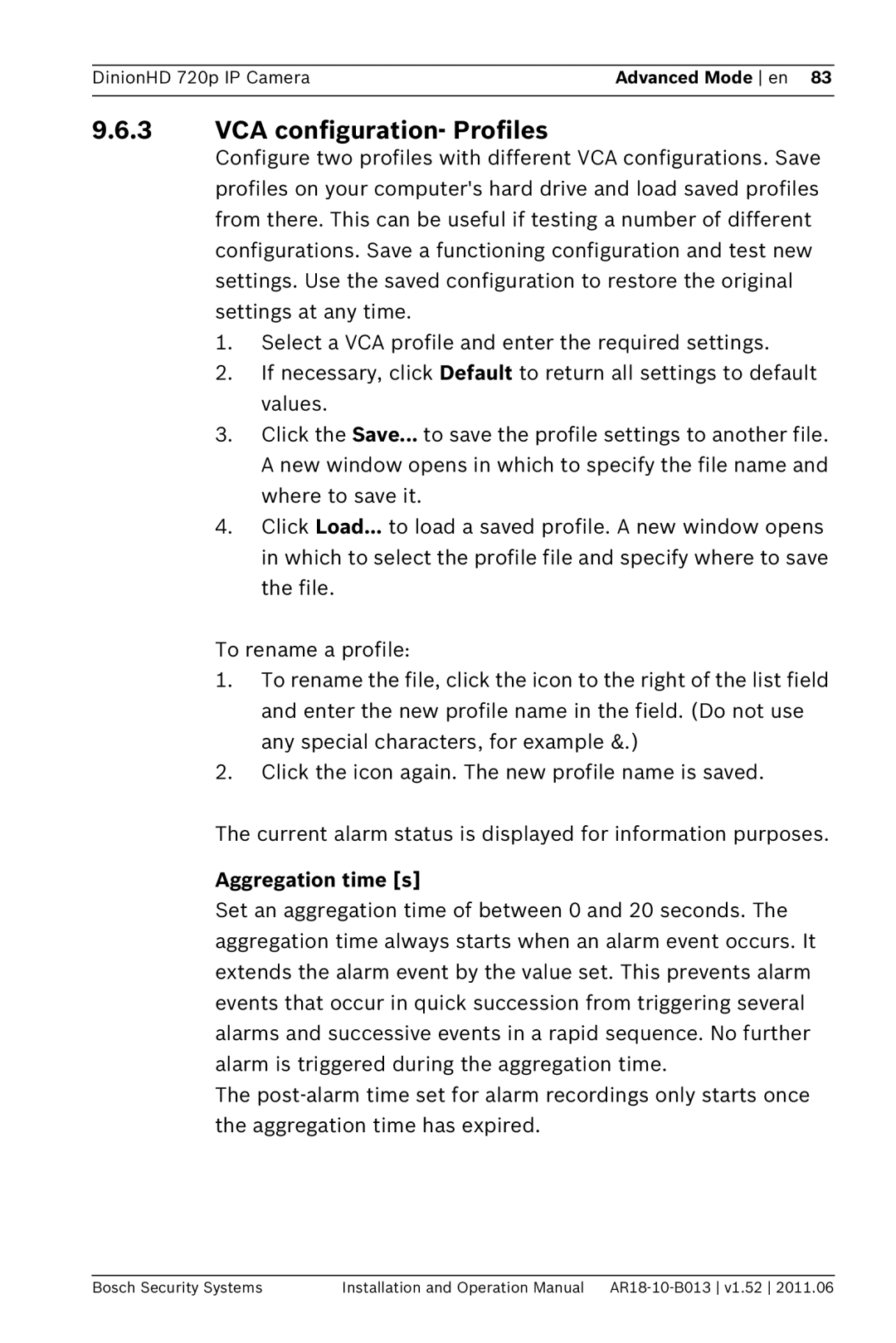 Bosch Appliances NBN-921 operation manual VCA configuration- Profiles, Aggregation time s 