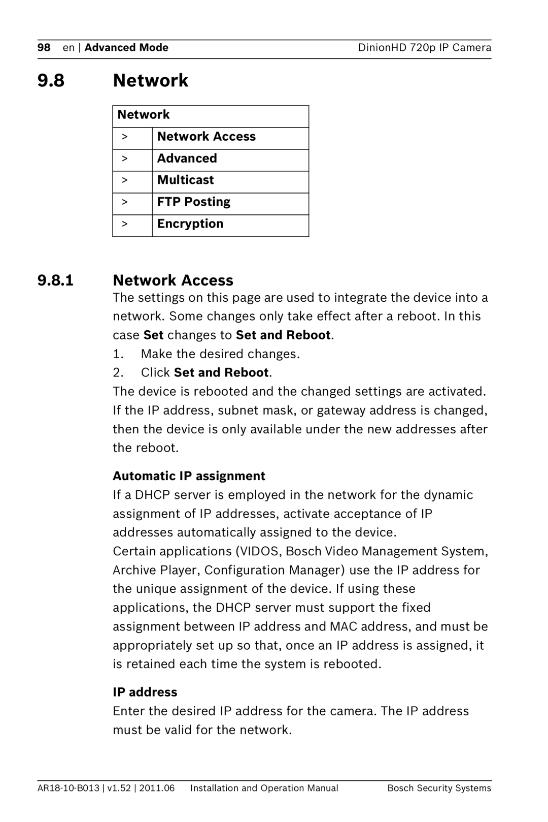 Bosch Appliances NBN-921 operation manual Network Access, Automatic IP assignment 