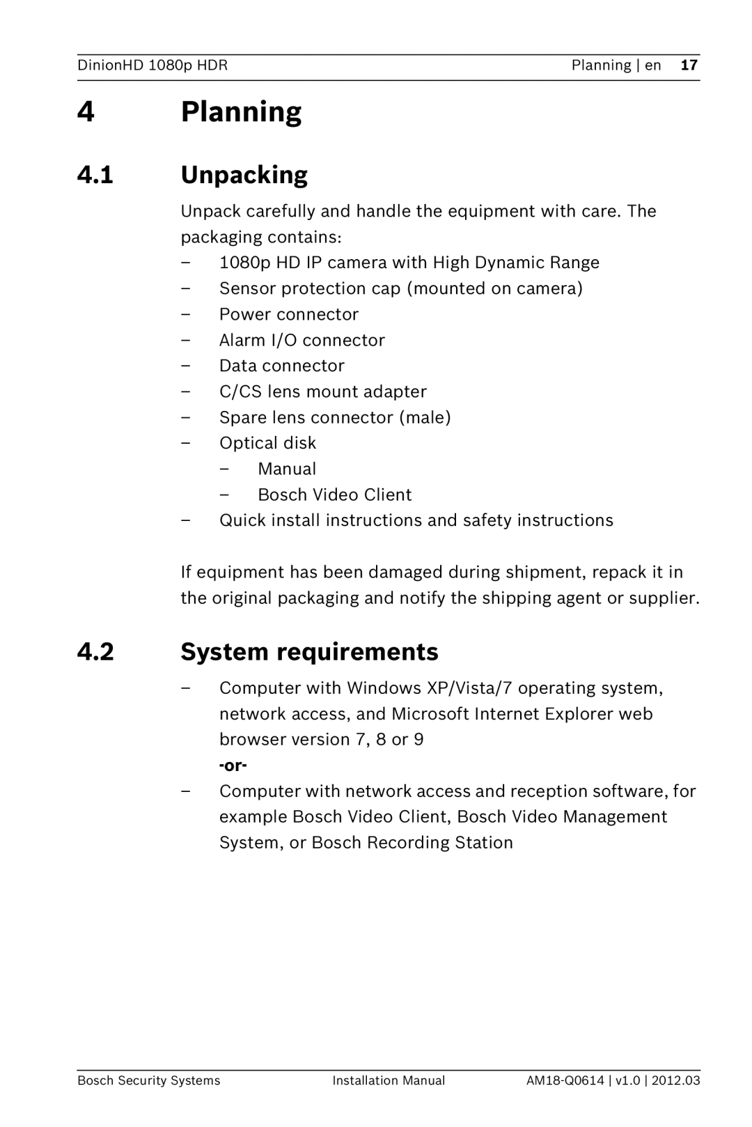 Bosch Appliances nbn-932 installation manual Planning, Unpacking, System requirements 