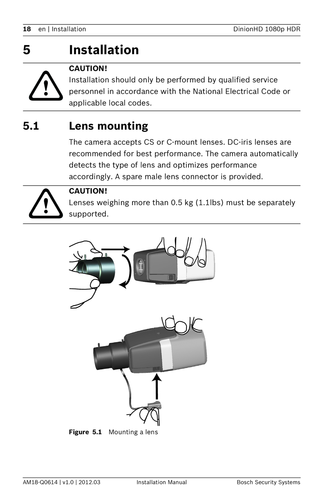 Bosch Appliances nbn-932 installation manual Installation, Lens mounting 