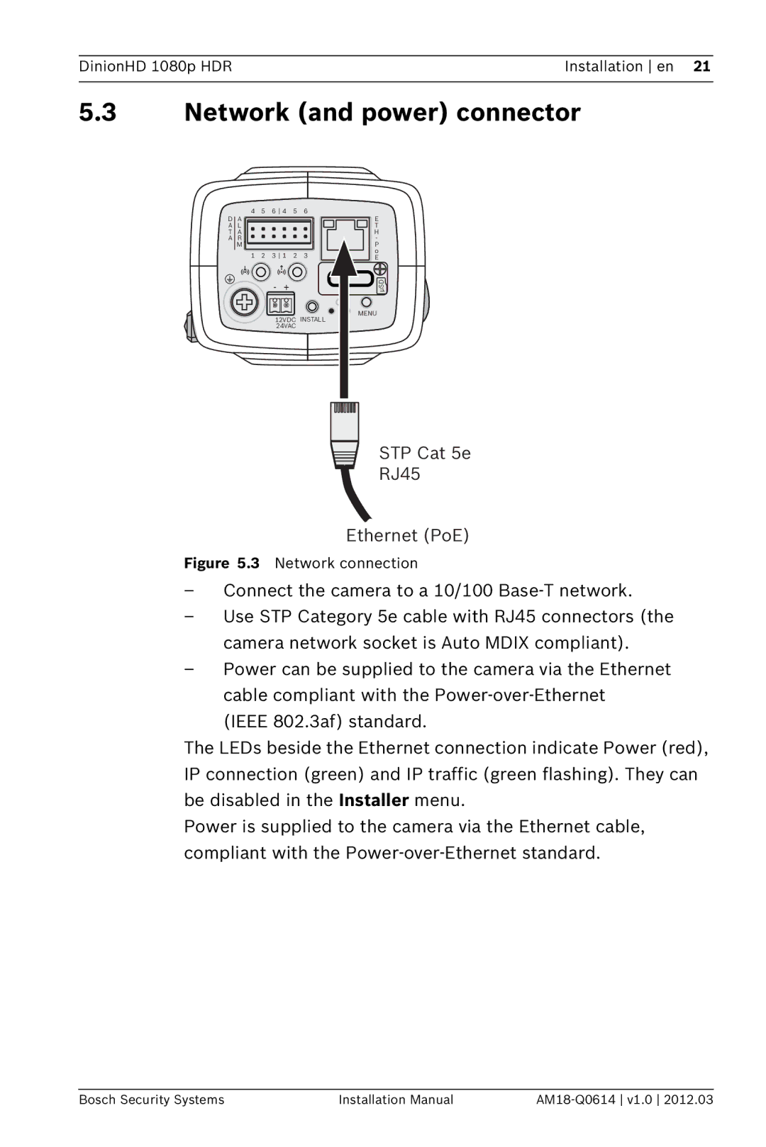 Bosch Appliances nbn-932 installation manual Network and power connector, Network connection 