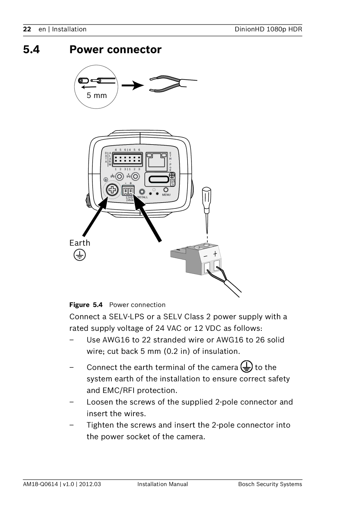 Bosch Appliances nbn-932 installation manual Power connector, Earth 