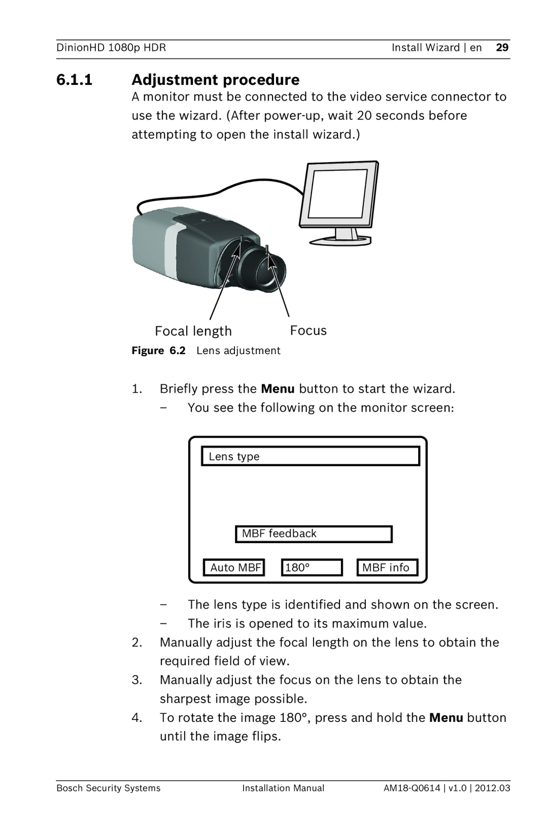 Bosch Appliances nbn-932 installation manual Adjustment procedure 