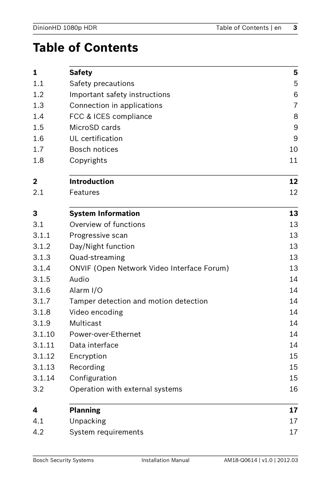 Bosch Appliances nbn-932 installation manual Table of Contents 