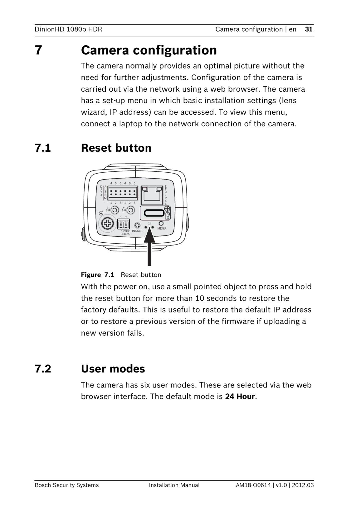 Bosch Appliances nbn-932 installation manual Camera configuration, Reset button, User modes 