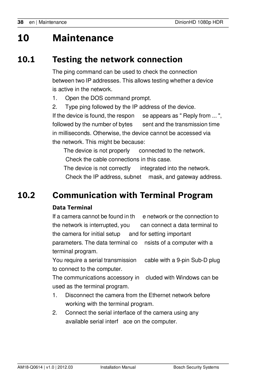 Bosch Appliances nbn-932 Maintenance, Testing the network connection, Communication with Terminal Program, Data Terminal 