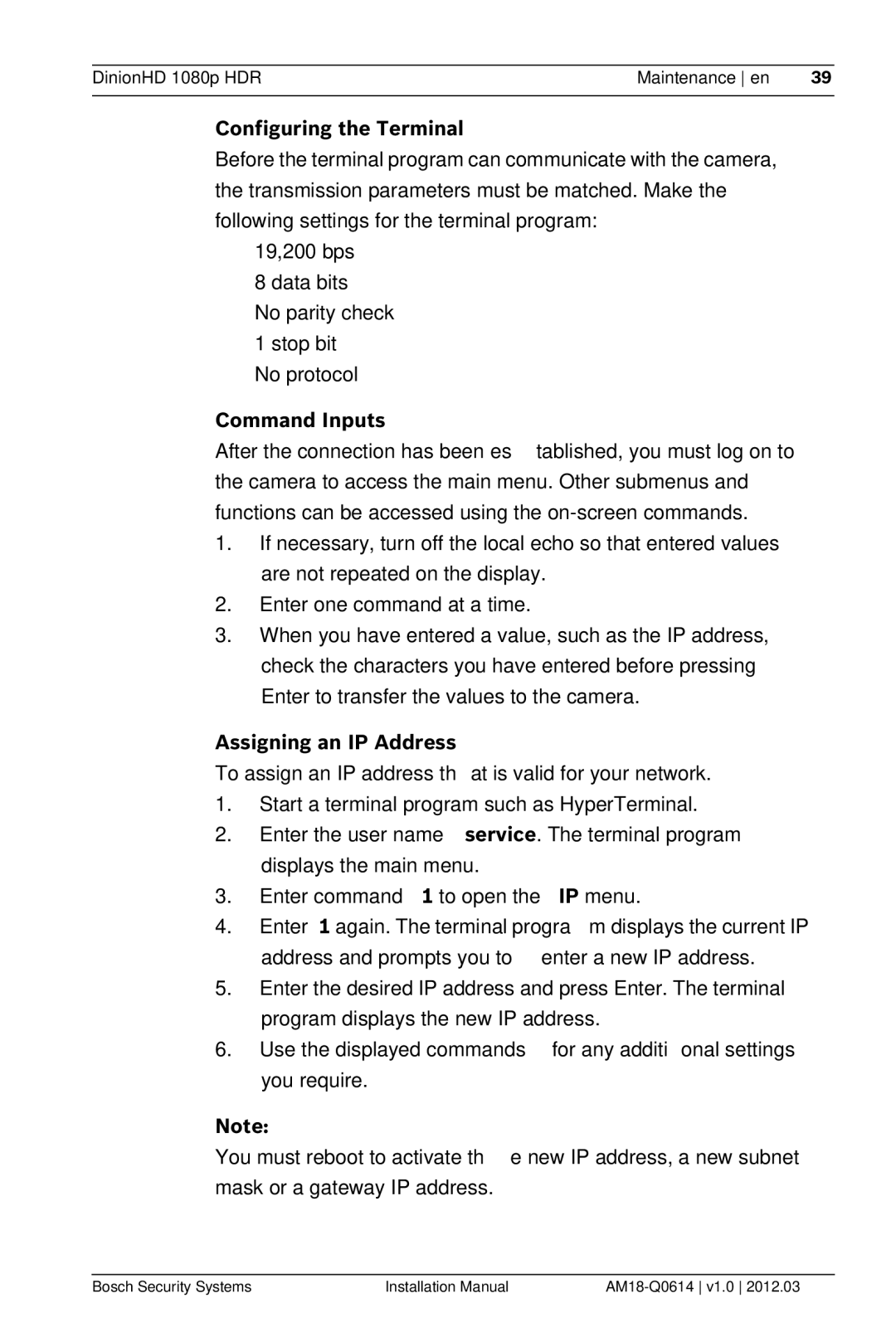 Bosch Appliances nbn-932 installation manual Configuring the Terminal, Command Inputs, Assigning an IP Address 