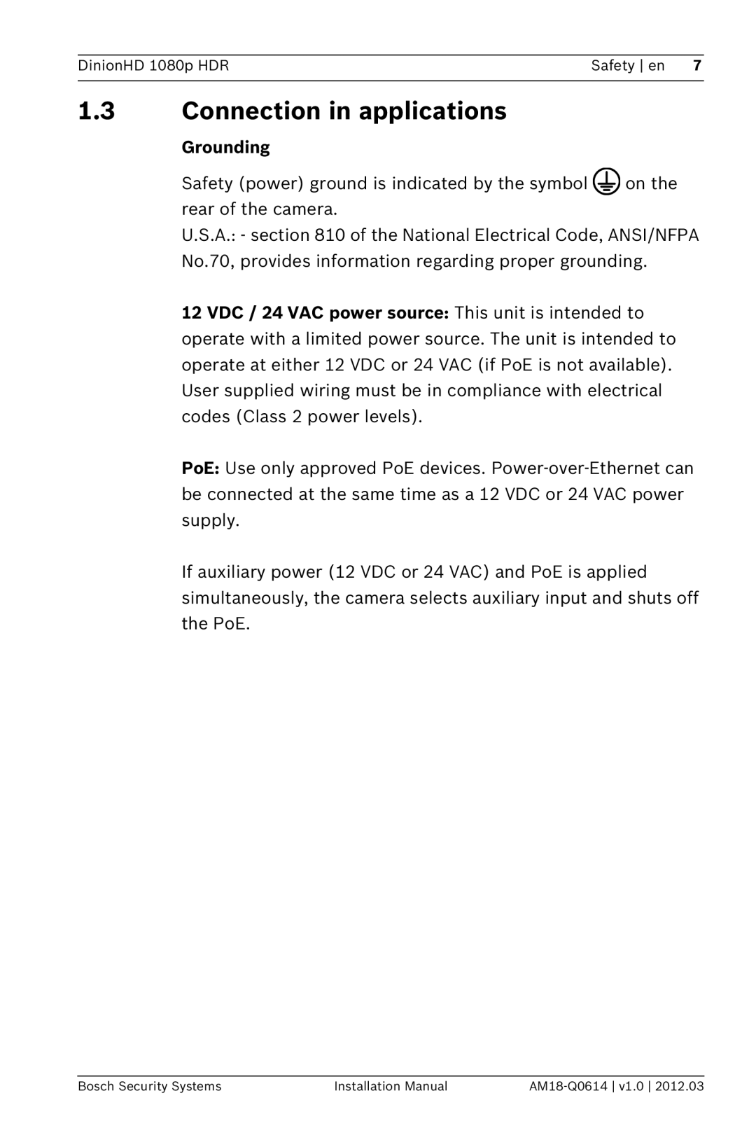 Bosch Appliances nbn-932 installation manual Connection in applications, Grounding 