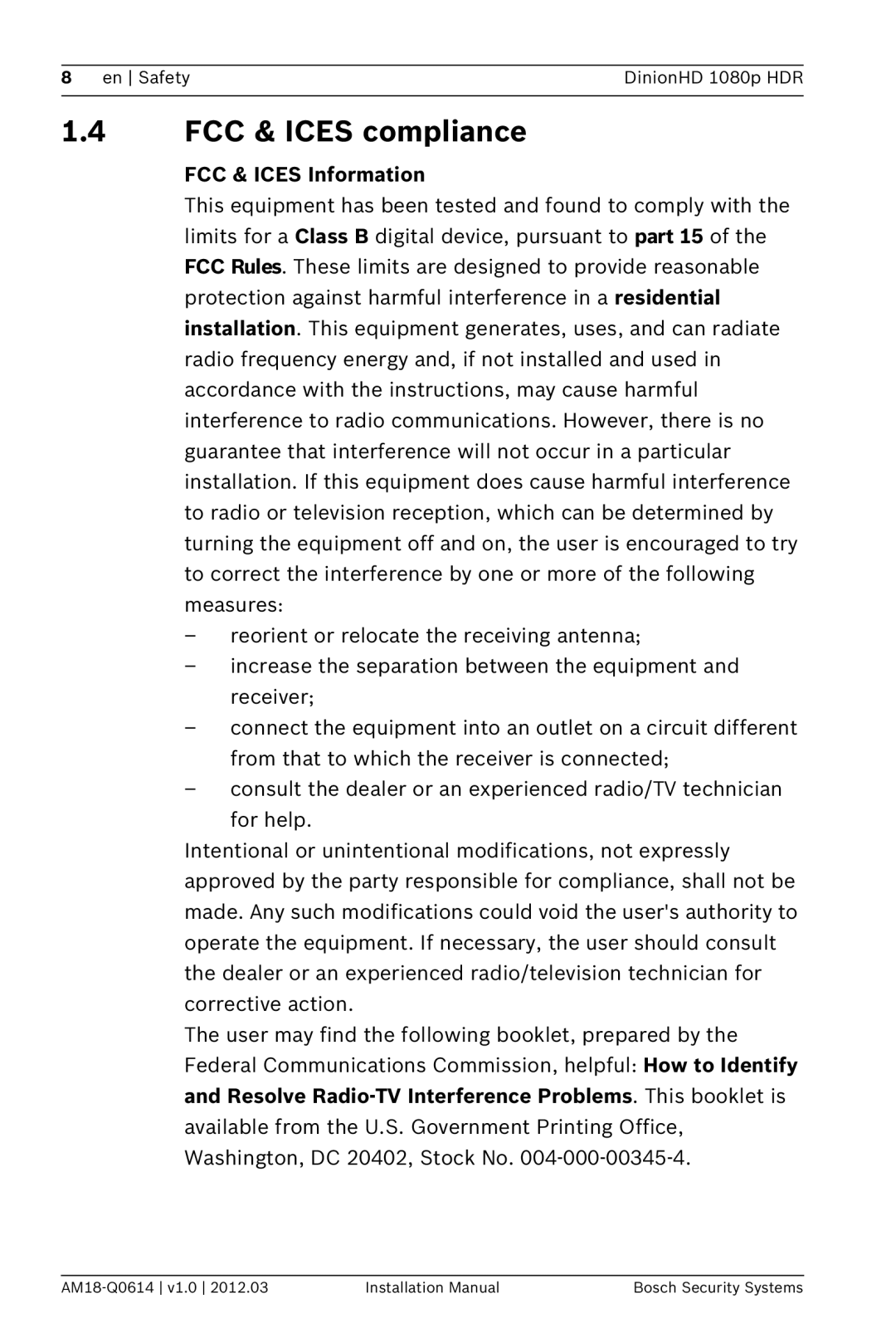 Bosch Appliances nbn-932 installation manual FCC & Ices compliance, FCC & Ices Information 