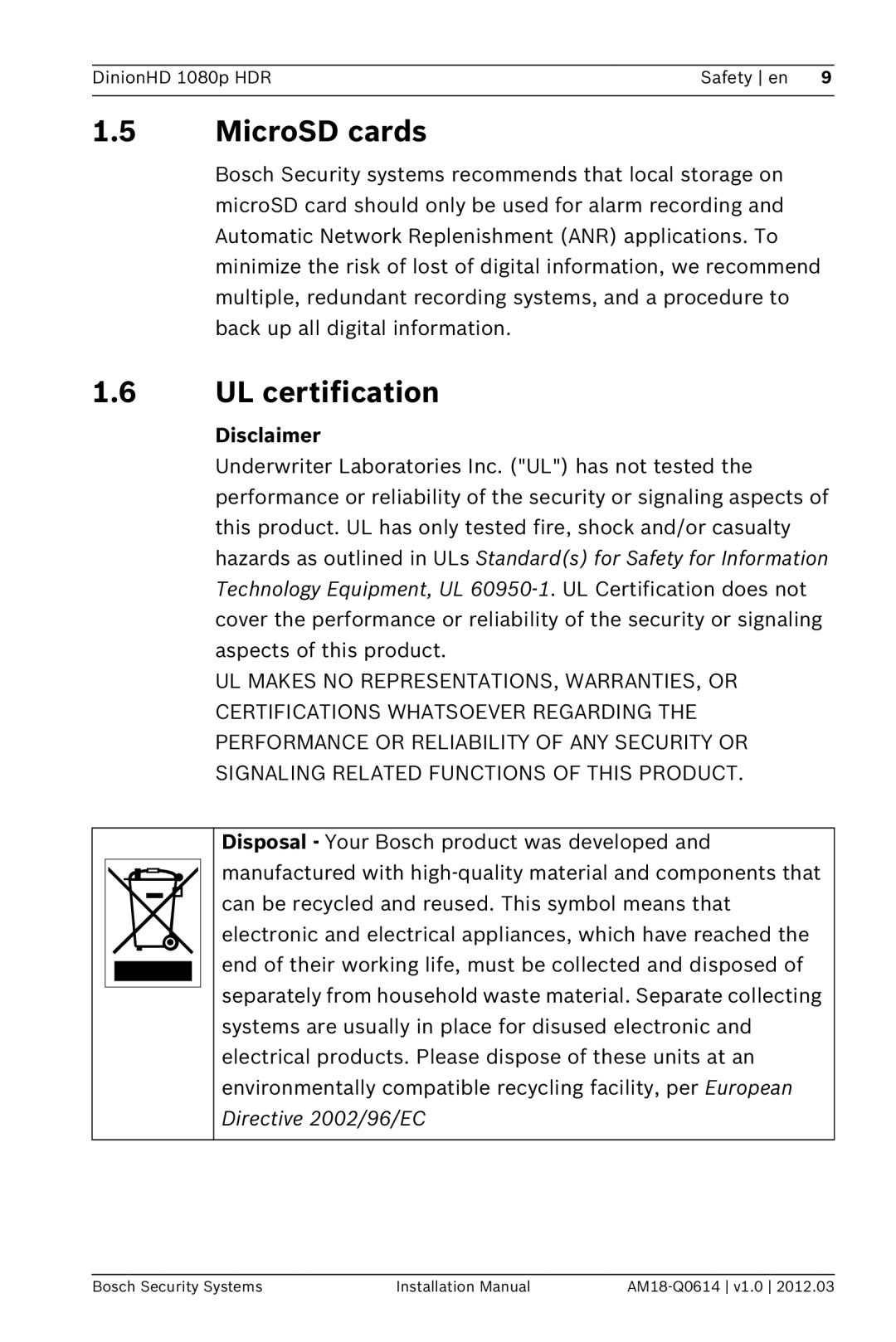 Bosch Appliances nbn-932 installation manual MicroSD cards, UL certification, Disclaimer 