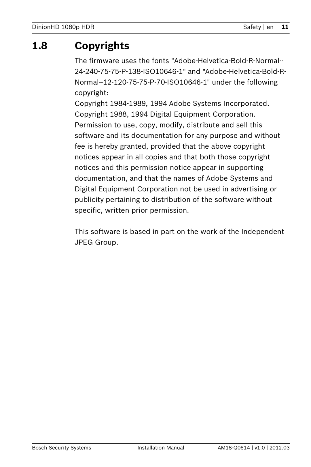 Bosch Appliances nbn-932 installation manual 1.8Copyrights 