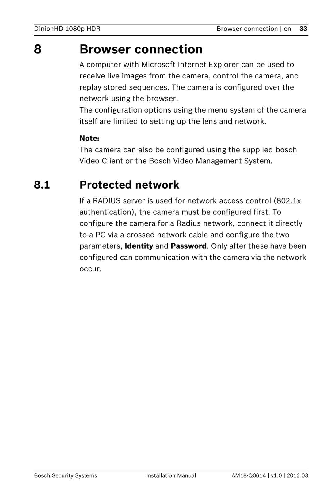 Bosch Appliances nbn-932 installation manual 8Browser connection, 8.1Protected network 