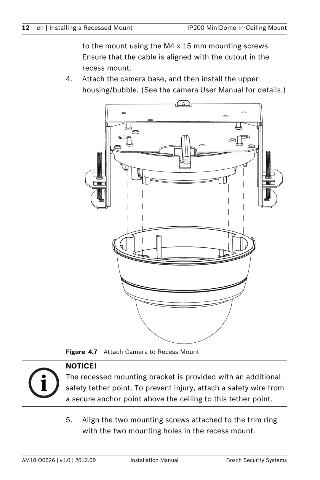 Bosch Appliances NDA-FMT200-DOME installation manual Attach Camera to Recess Mount 