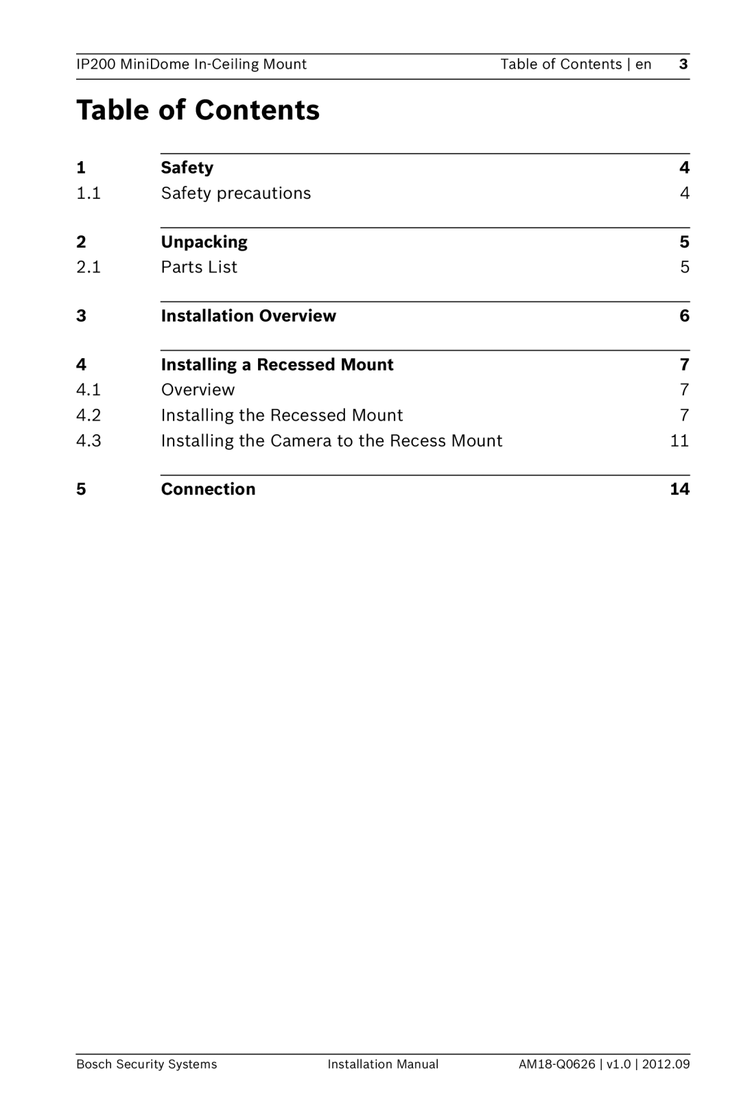 Bosch Appliances NDA-FMT200-DOME installation manual Table of Contents 