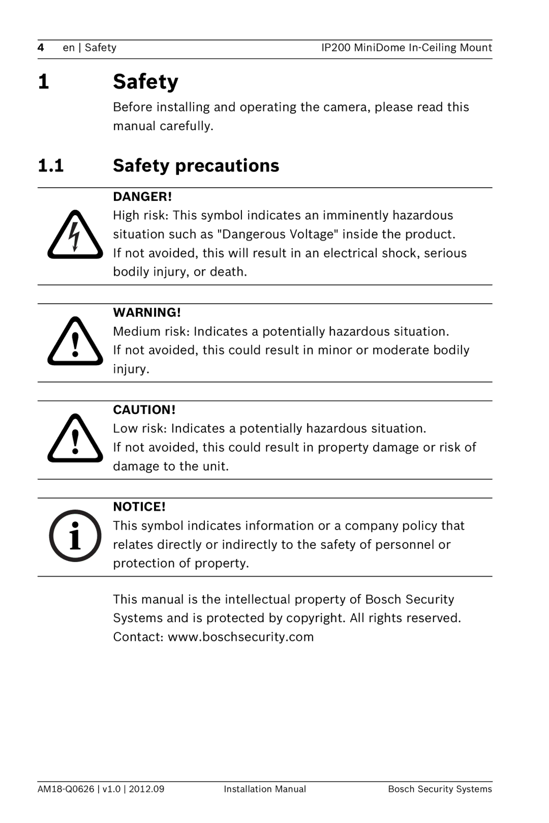 Bosch Appliances NDA-FMT200-DOME installation manual Safety precautions 