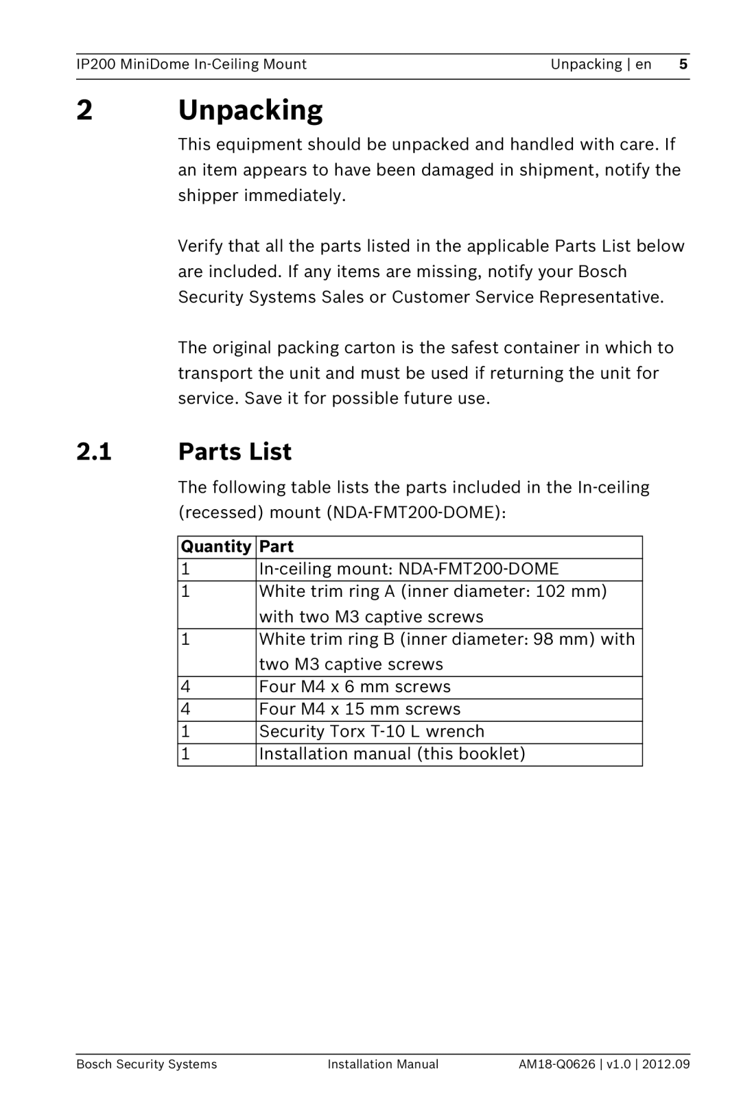 Bosch Appliances NDA-FMT200-DOME installation manual Unpacking, Parts List 