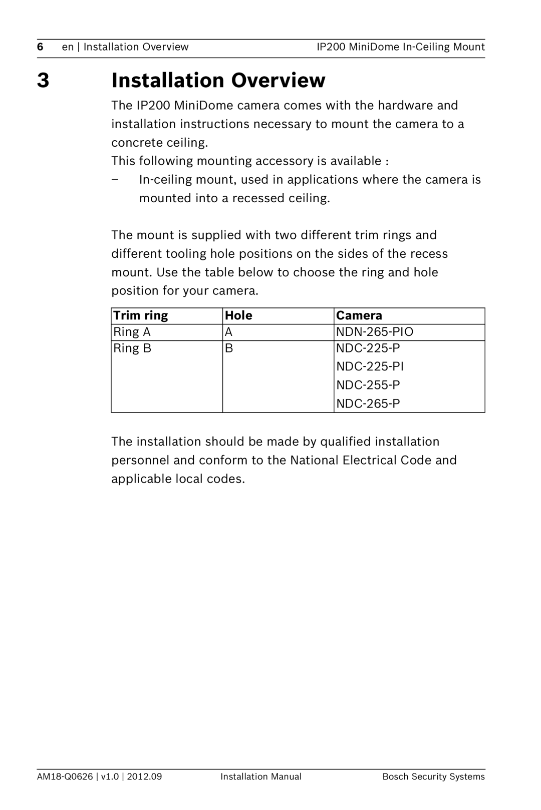 Bosch Appliances NDA-FMT200-DOME installation manual Installation Overview, Trim ring Hole Camera 