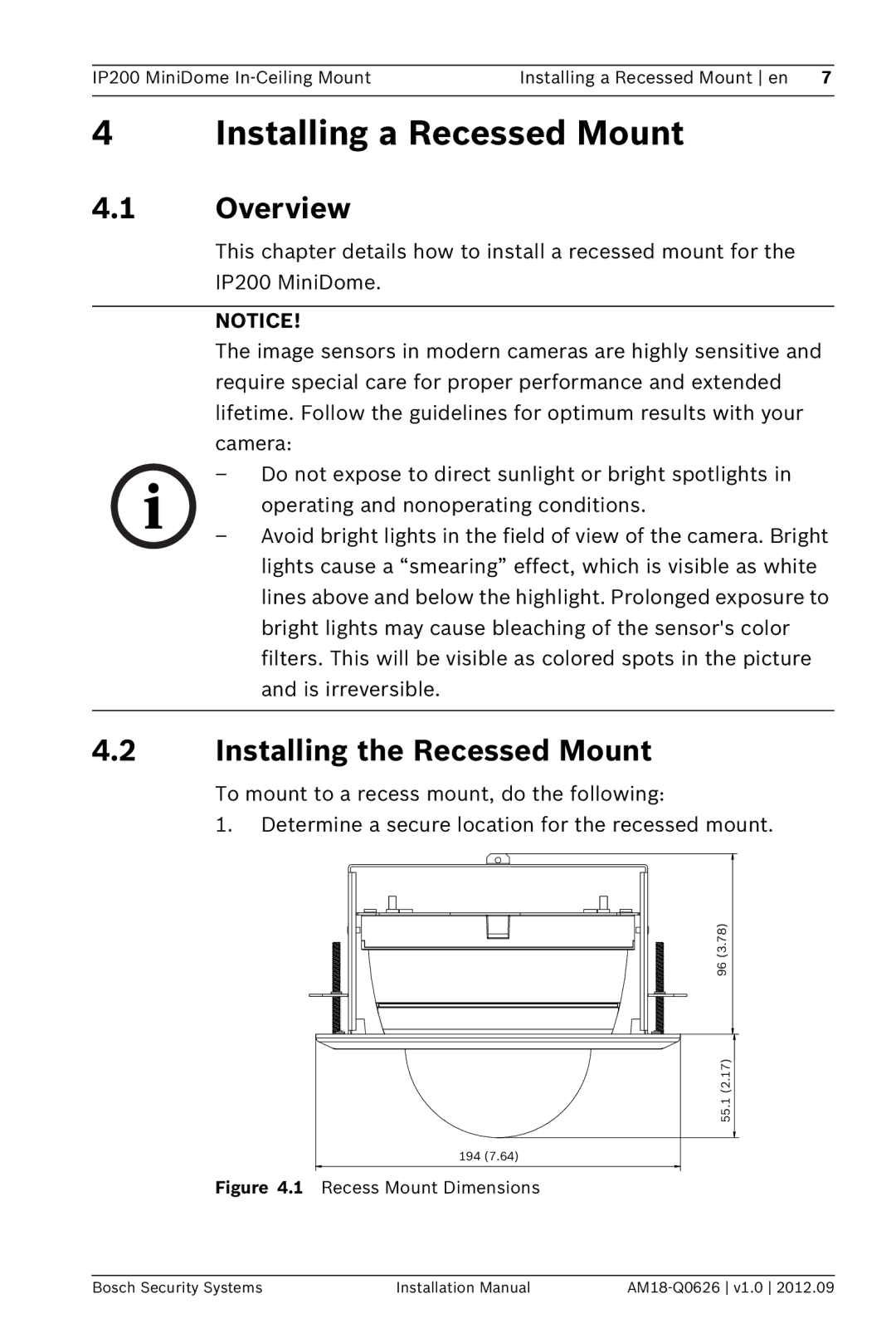 Bosch Appliances NDA-FMT200-DOME installation manual Installing a Recessed Mount, Overview, Installing the Recessed Mount 