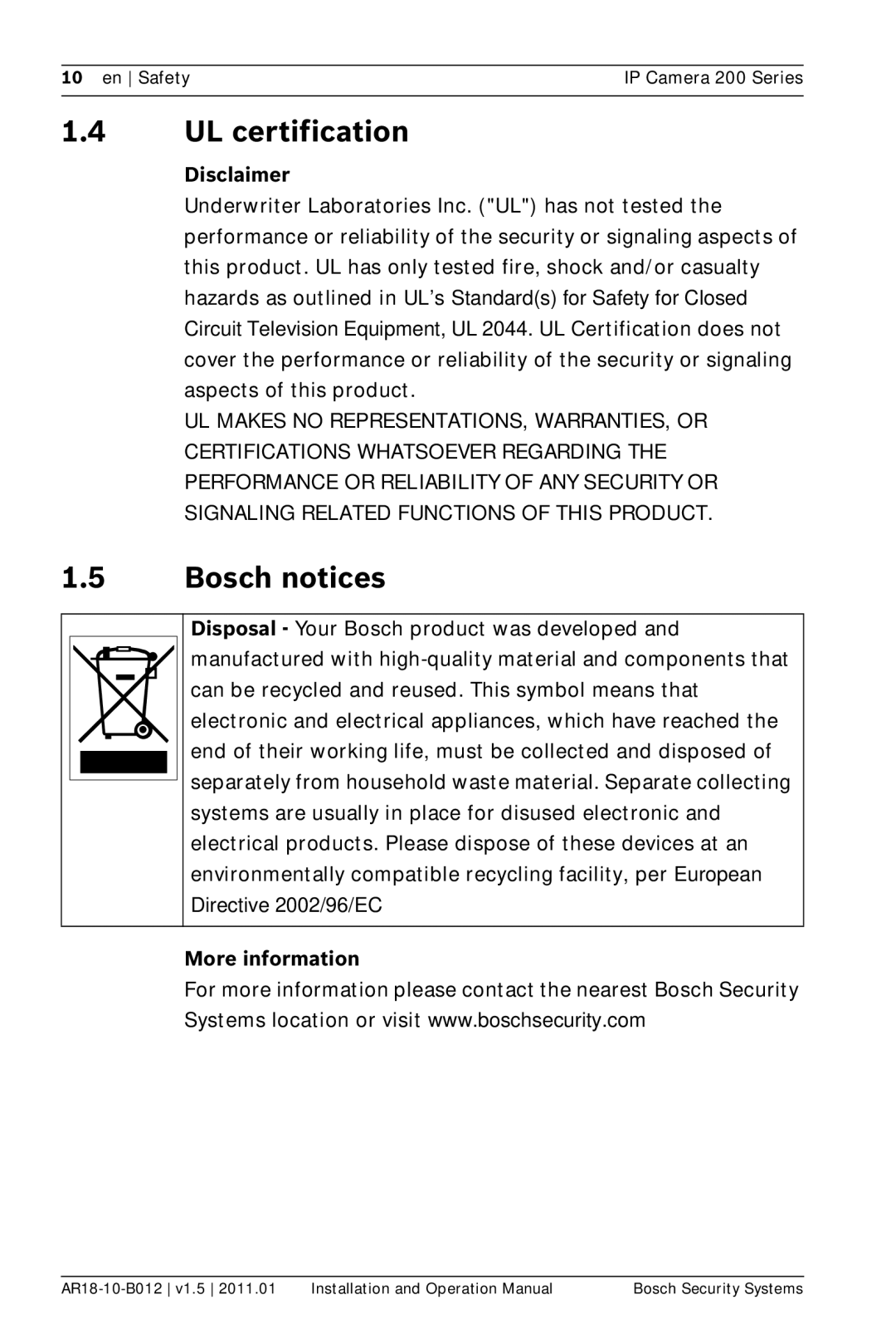 Bosch Appliances NDC-265-P operation manual UL certification, Bosch notices, Disclaimer, More information 