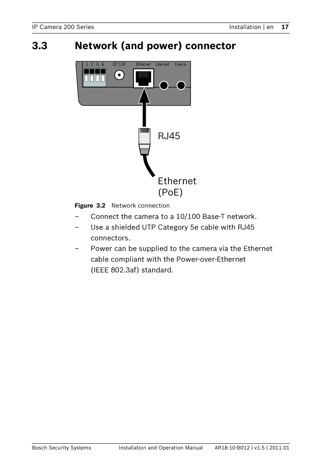 Bosch Appliances NDC-265-P operation manual Network and power connector, RJ45 Ethernet PoE 