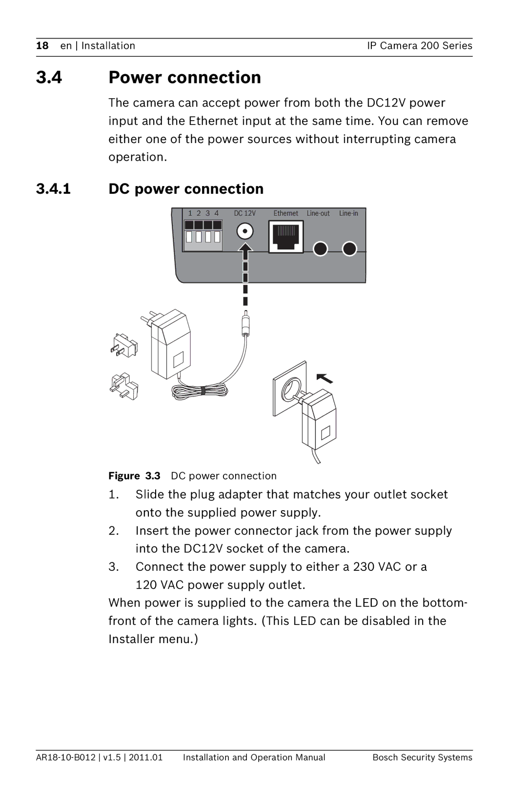 Bosch Appliances NDC-265-P operation manual Power connection, DC power connection 