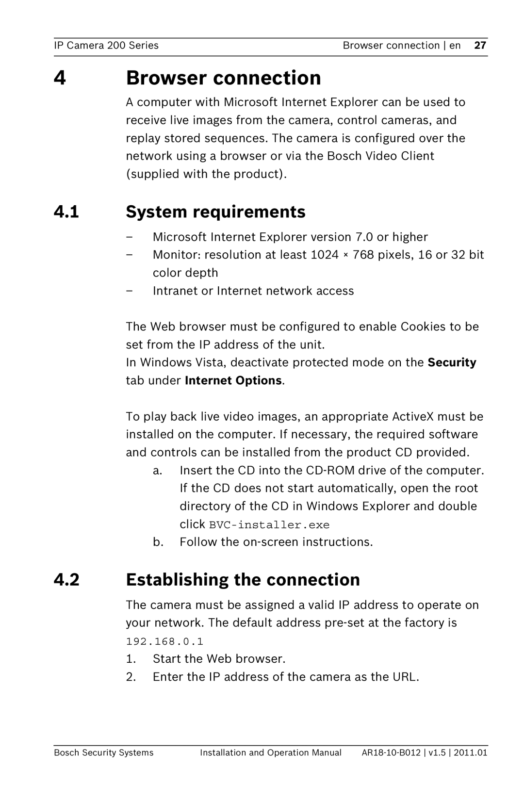 Bosch Appliances NDC-265-P operation manual Browser connection, System requirements, Establishing the connection 