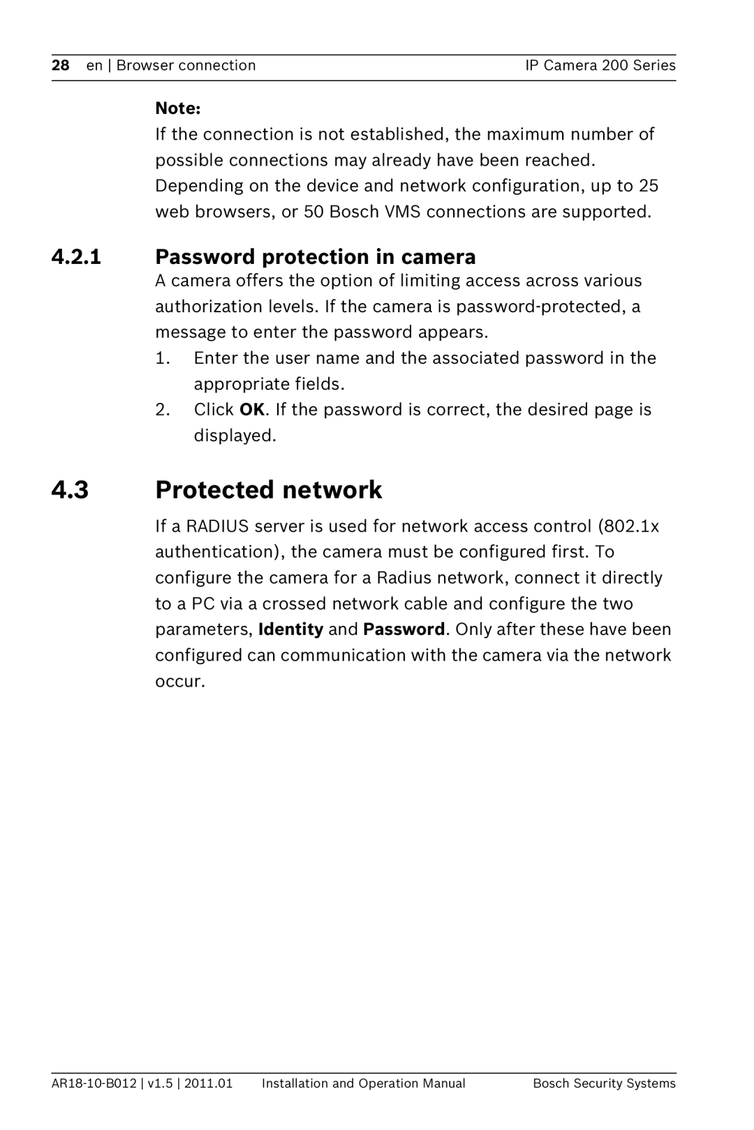 Bosch Appliances NDC-265-P operation manual Protected network, Password protection in camera 