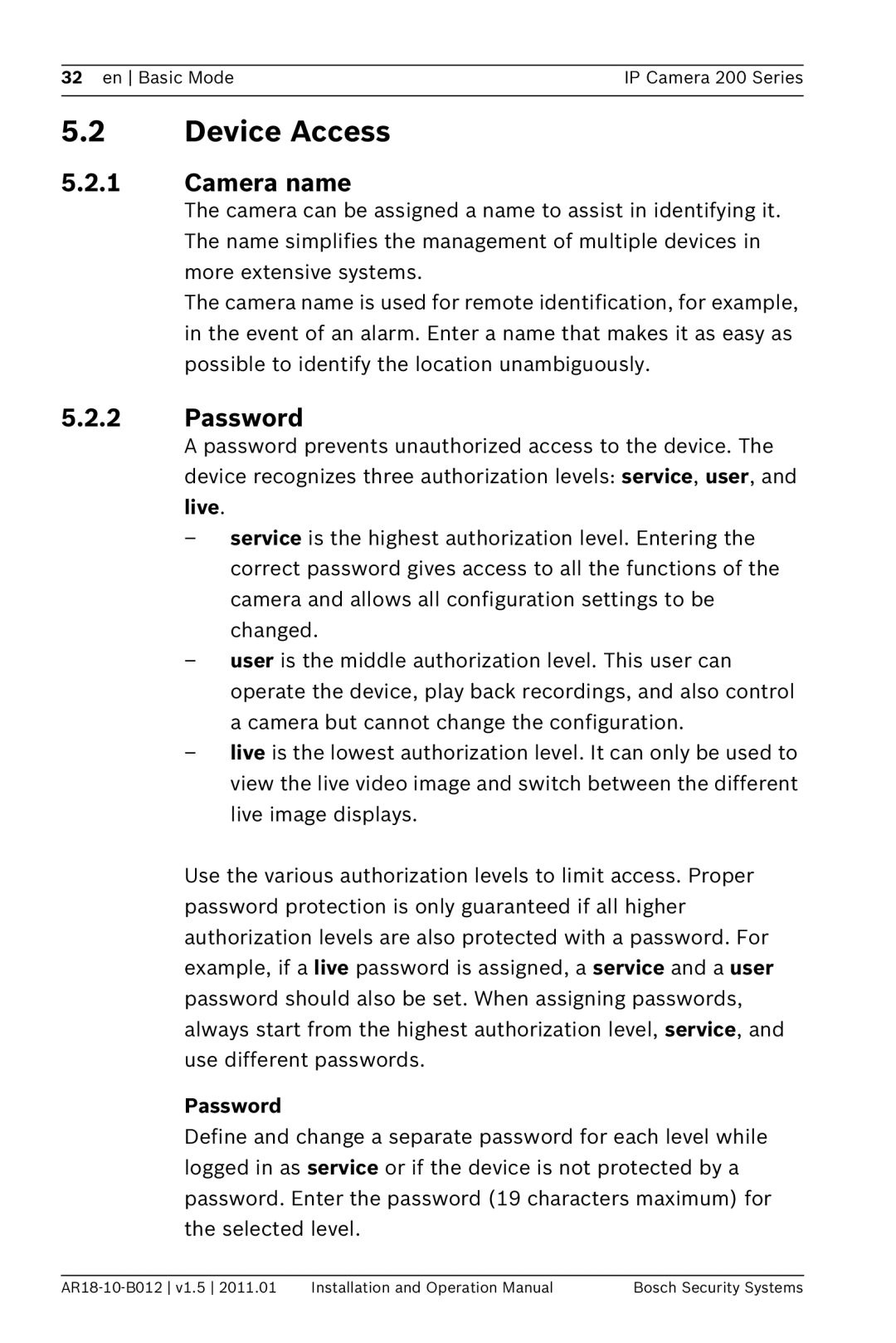 Bosch Appliances NDC-265-P operation manual Device Access, Camera name, Password, Live 