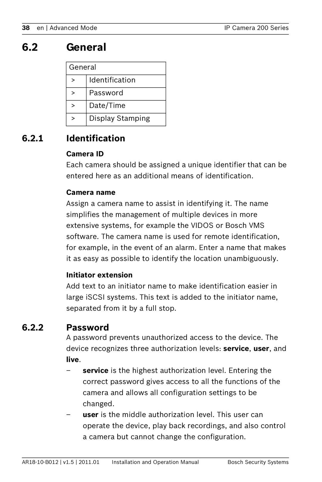 Bosch Appliances NDC-265-P operation manual General, Identification, Camera ID, Camera name, Initiator extension 