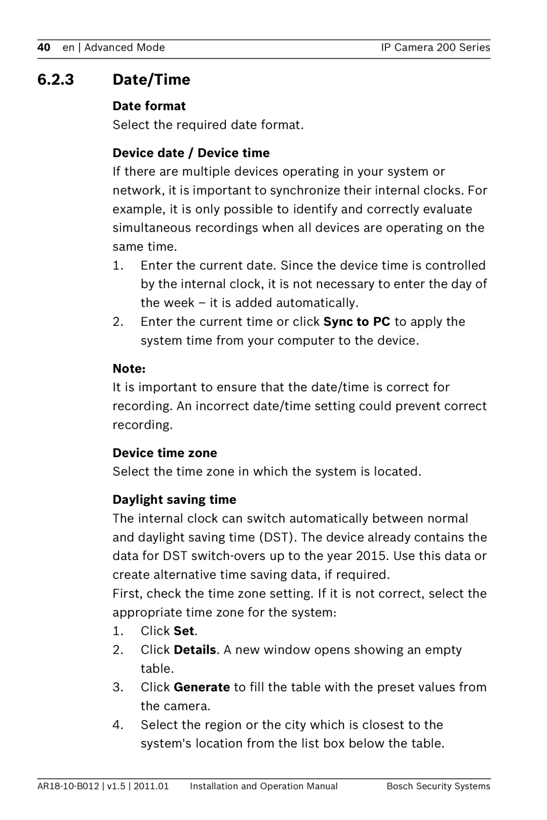 Bosch Appliances NDC-265-P Date/Time, Date format, Device date / Device time, Device time zone, Daylight saving time 