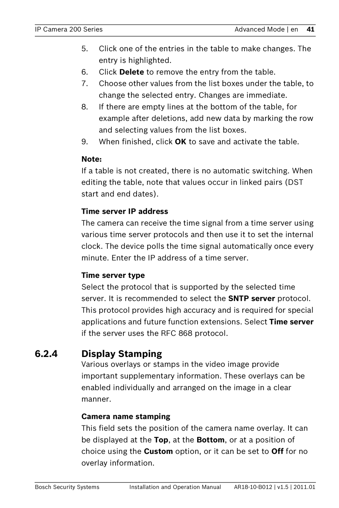 Bosch Appliances NDC-265-P Display Stamping, Time server IP address, Time server type, Camera name stamping 