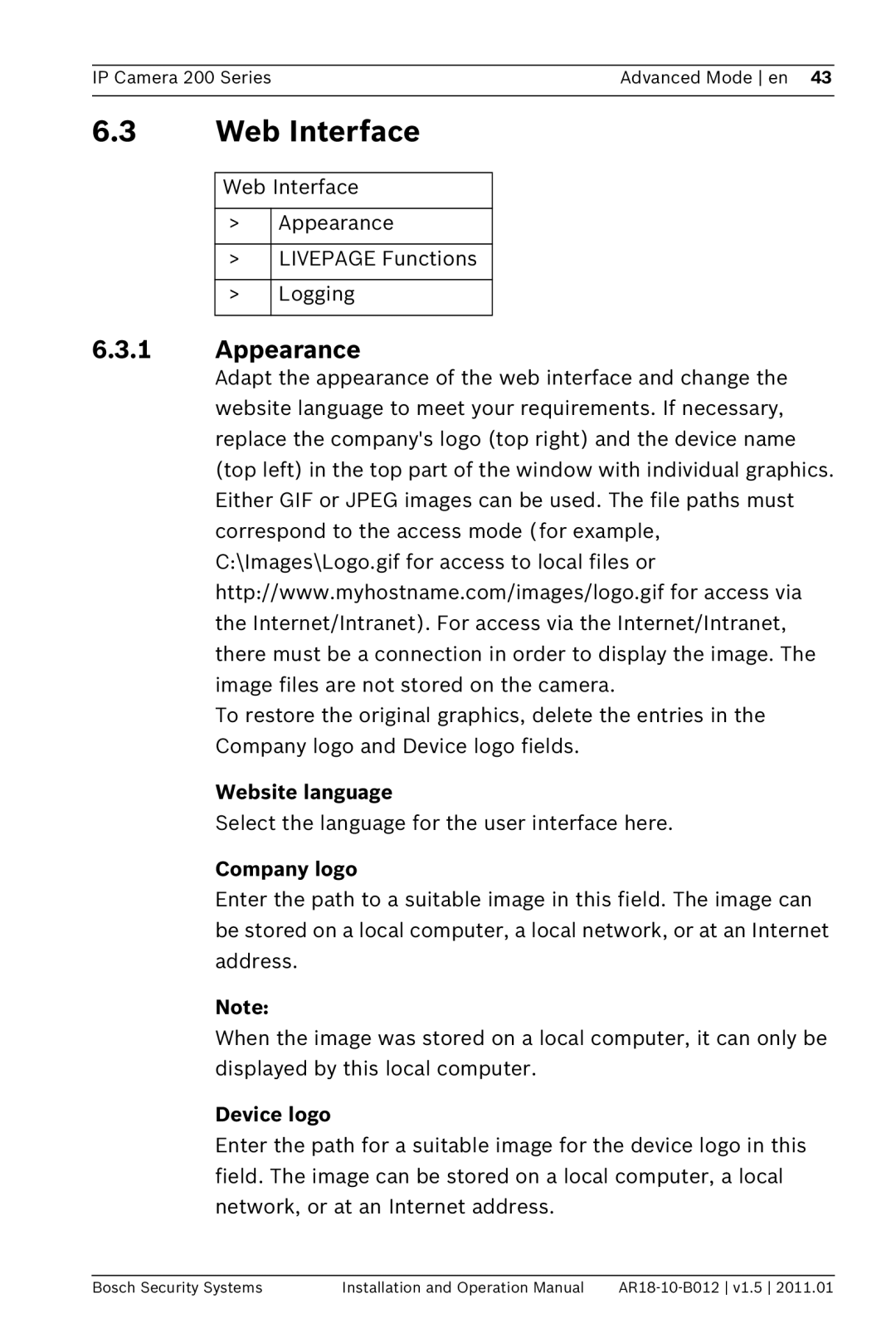 Bosch Appliances NDC-265-P operation manual Web Interface, Appearance, Website language, Company logo, Device logo 