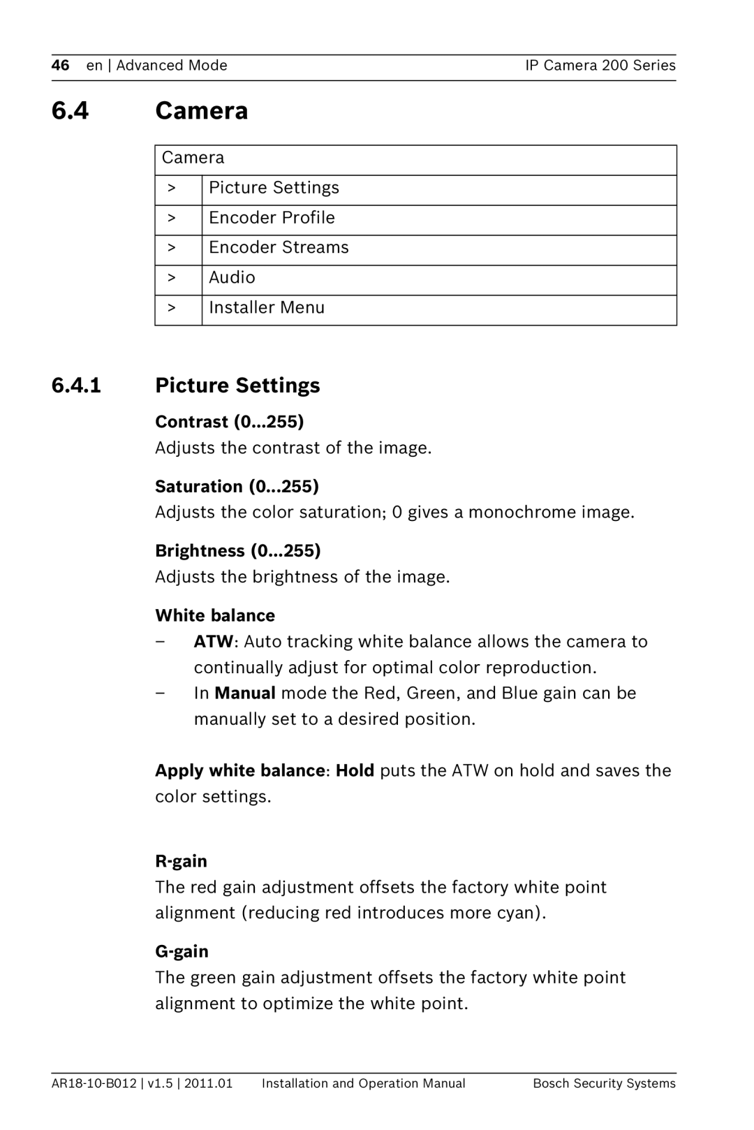 Bosch Appliances NDC-265-P operation manual Camera, Picture Settings 