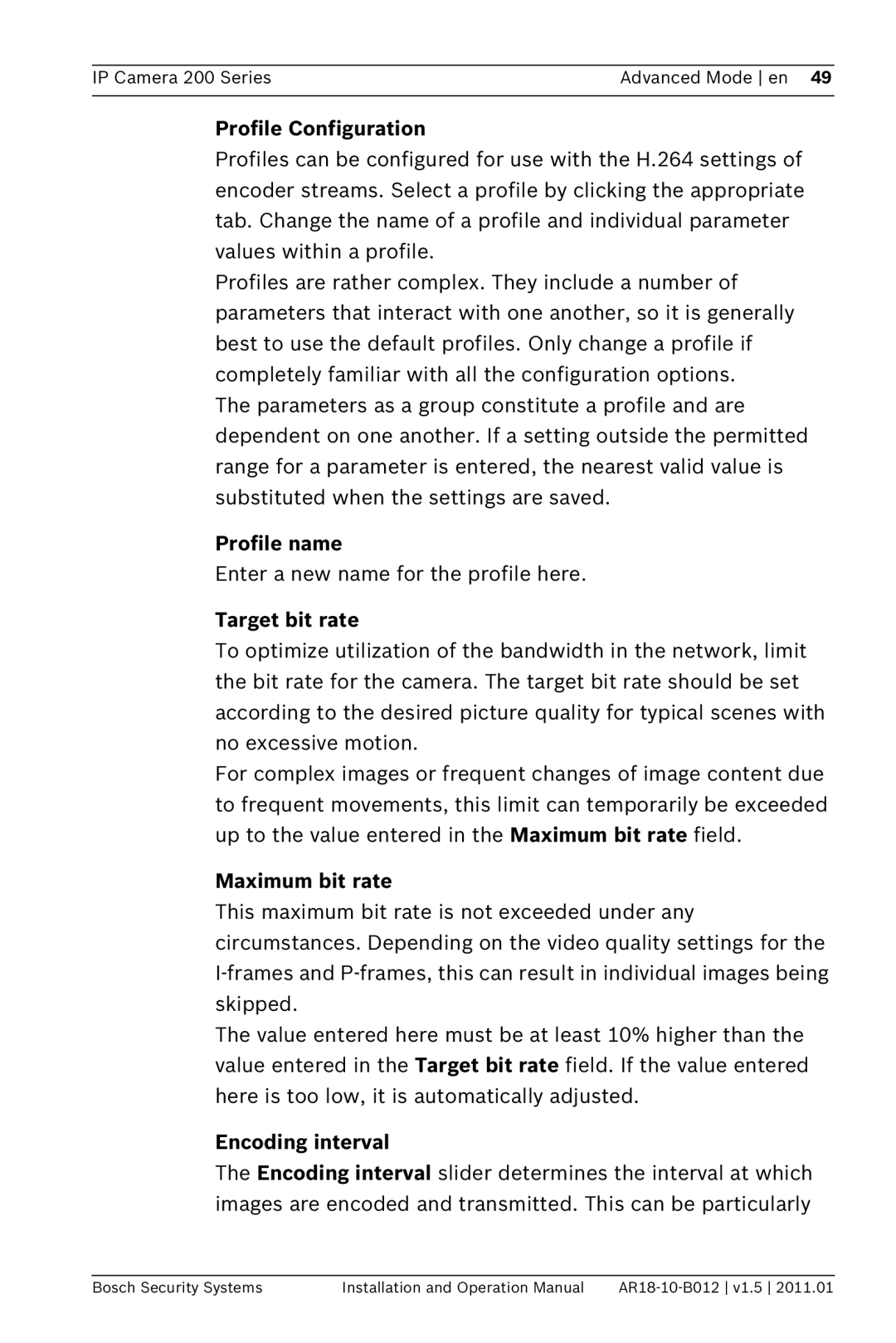 Bosch Appliances NDC-265-P Profile Configuration, Profile name, Target bit rate, Maximum bit rate, Encoding interval 