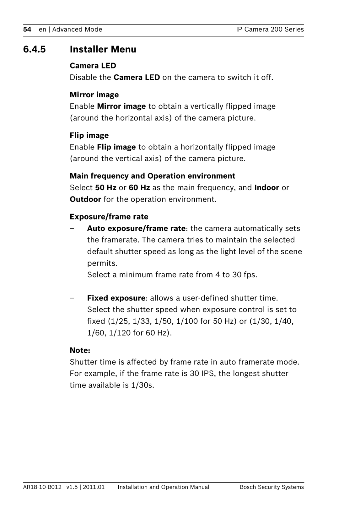 Bosch Appliances NDC-265-P operation manual Installer Menu, Camera LED, Mirror image, Flip image, Exposure/frame rate 