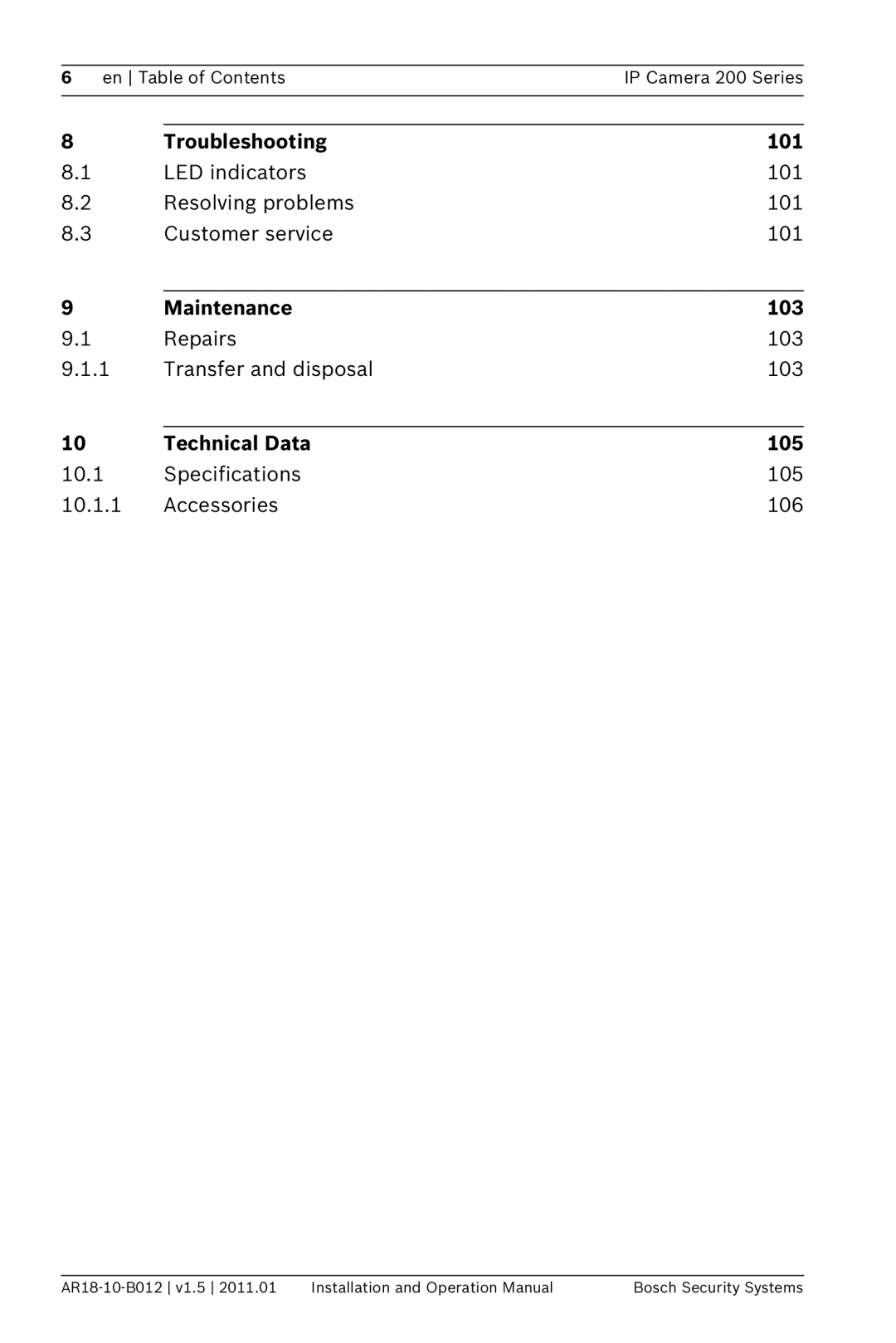 Bosch Appliances NDC-265-P operation manual Troubleshooting 101, Maintenance 103, Technical Data 105 