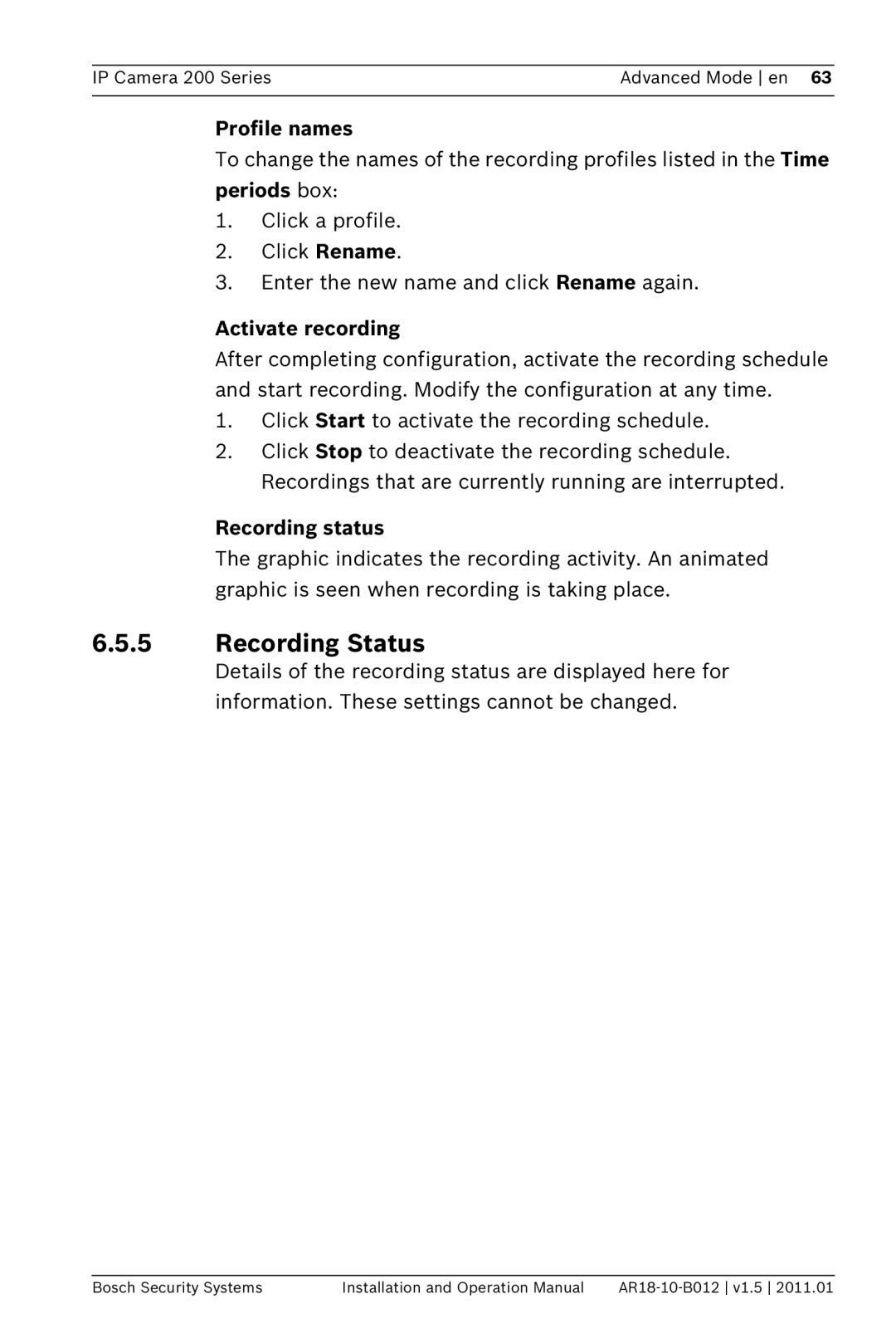 Bosch Appliances NDC-265-P operation manual Recording Status, Profile names, Activate recording, Recording status 