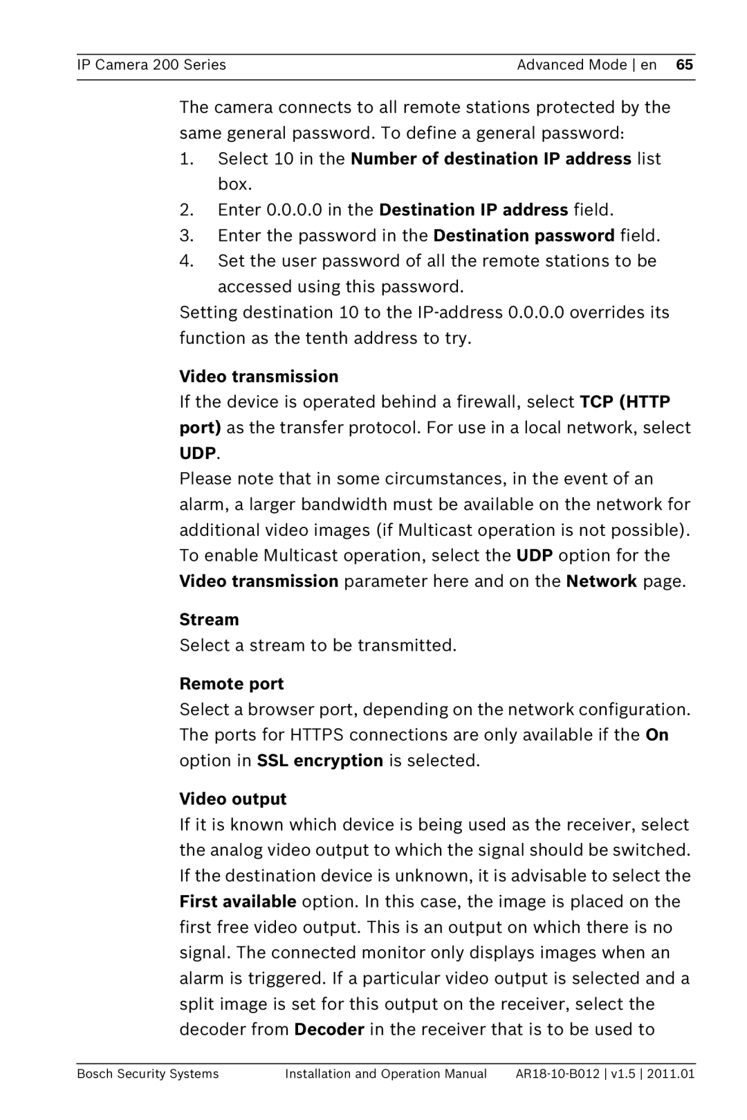 Bosch Appliances NDC-265-P Select 10 in the Number of destination IP address list box, Video transmission, Stream 