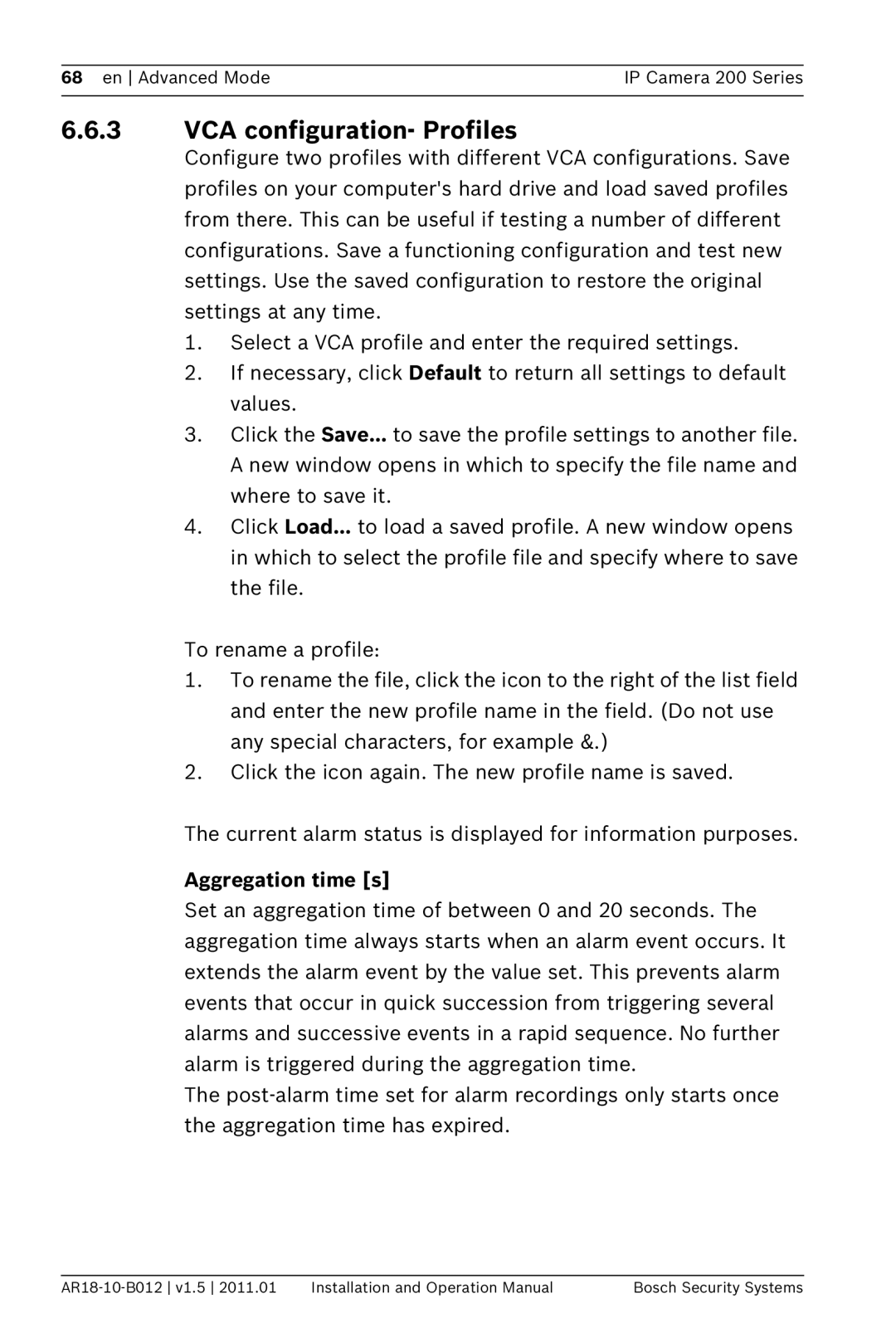 Bosch Appliances NDC-265-P operation manual VCA configuration- Profiles, Aggregation time s 