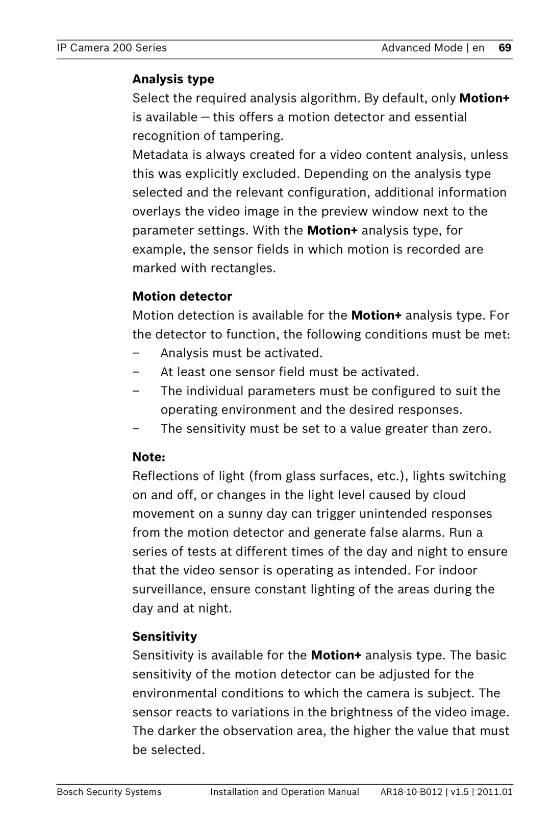 Bosch Appliances NDC-265-P operation manual Analysis type, Motion detector, Sensitivity 