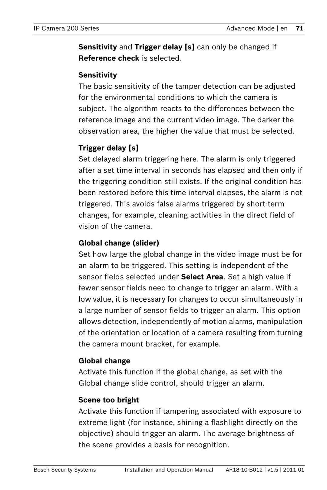 Bosch Appliances NDC-265-P operation manual Trigger delay s, Global change slider, Scene too bright 