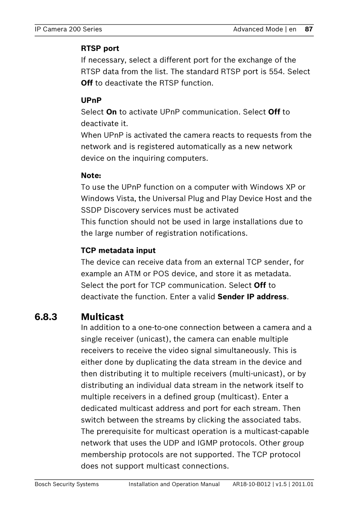 Bosch Appliances NDC-265-P operation manual Multicast, Rtsp port, UPnP, TCP metadata input 