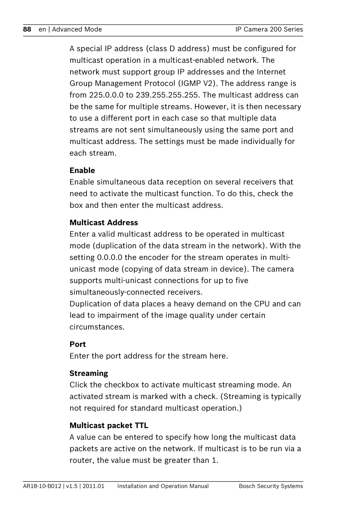 Bosch Appliances NDC-265-P operation manual Enable, Multicast Address, Port, Streaming, Multicast packet TTL 