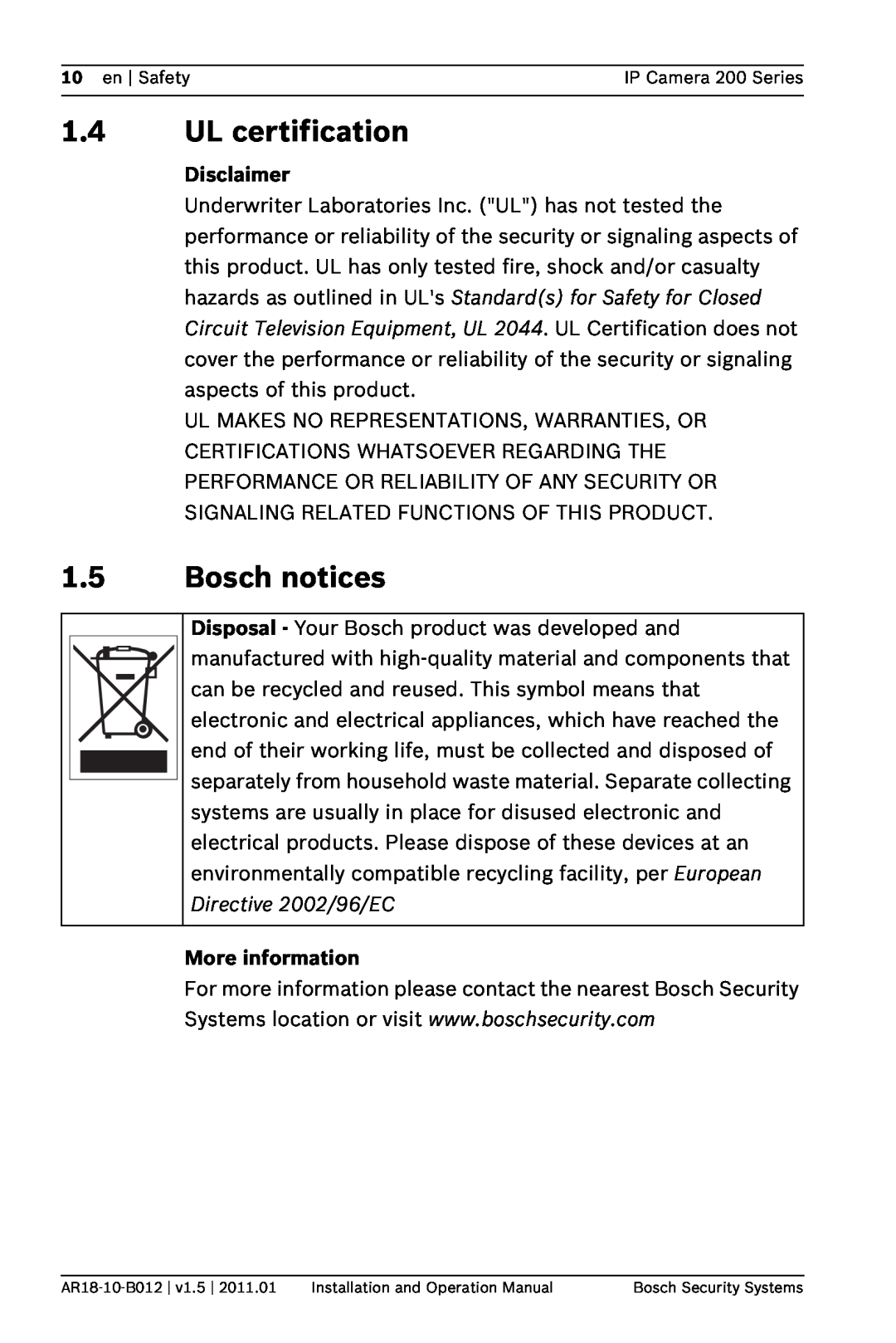Bosch Appliances NDC-265-P operation manual UL certification, Bosch notices, Disclaimer, More information 