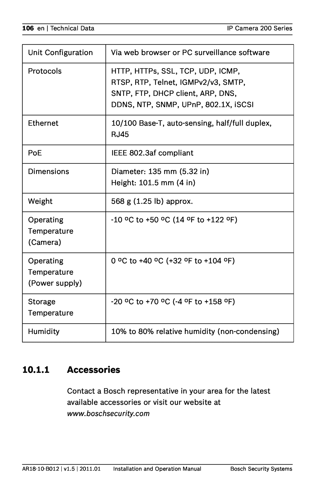 Bosch Appliances NDC-265-P operation manual Accessories, en Technical DataIP Camera 200 Series 
