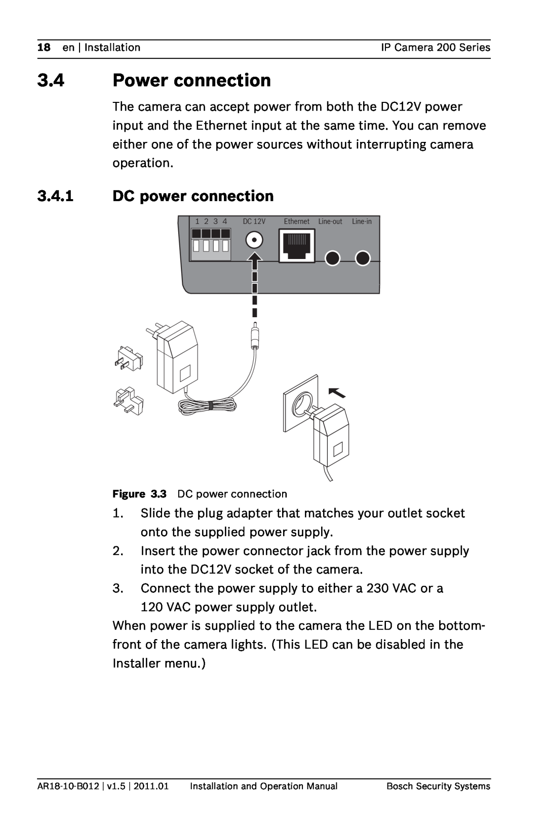 Bosch Appliances NDC-265-P operation manual Power connection, DC power connection 