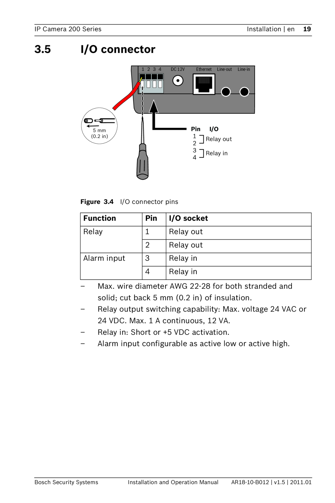 Bosch Appliances NDC-265-P operation manual 3.5 I/O connector, Function, I/O socket 