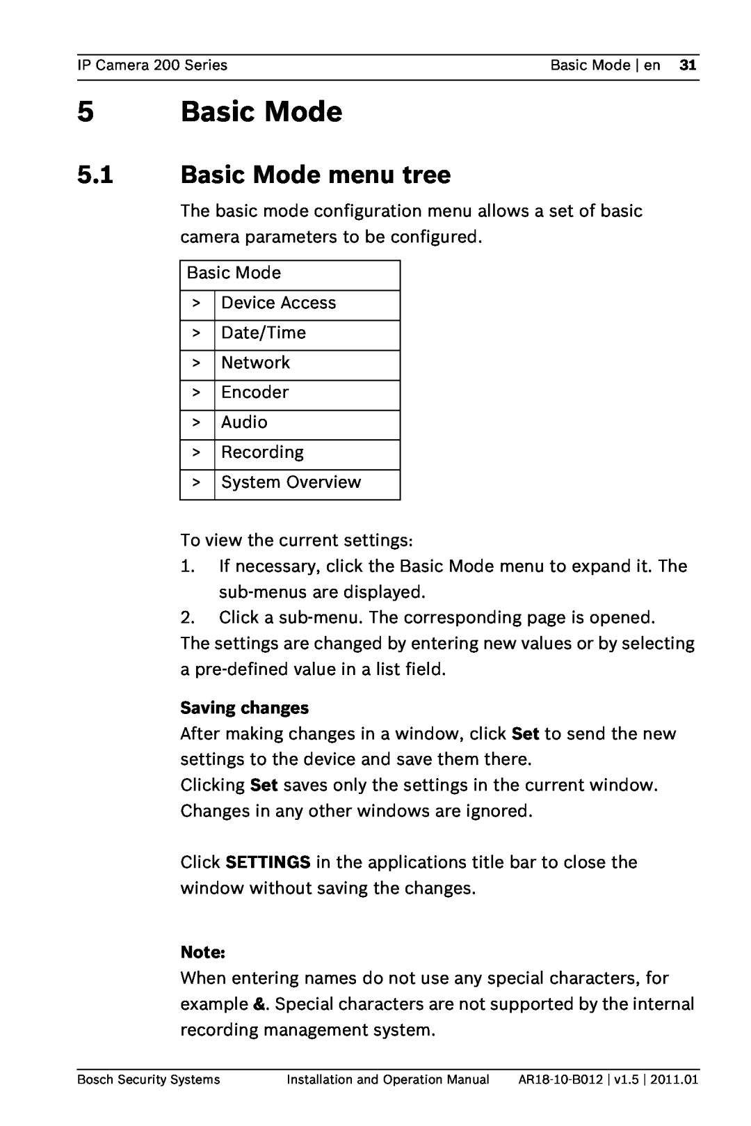 Bosch Appliances NDC-265-P operation manual Basic Mode menu tree, Saving changes 