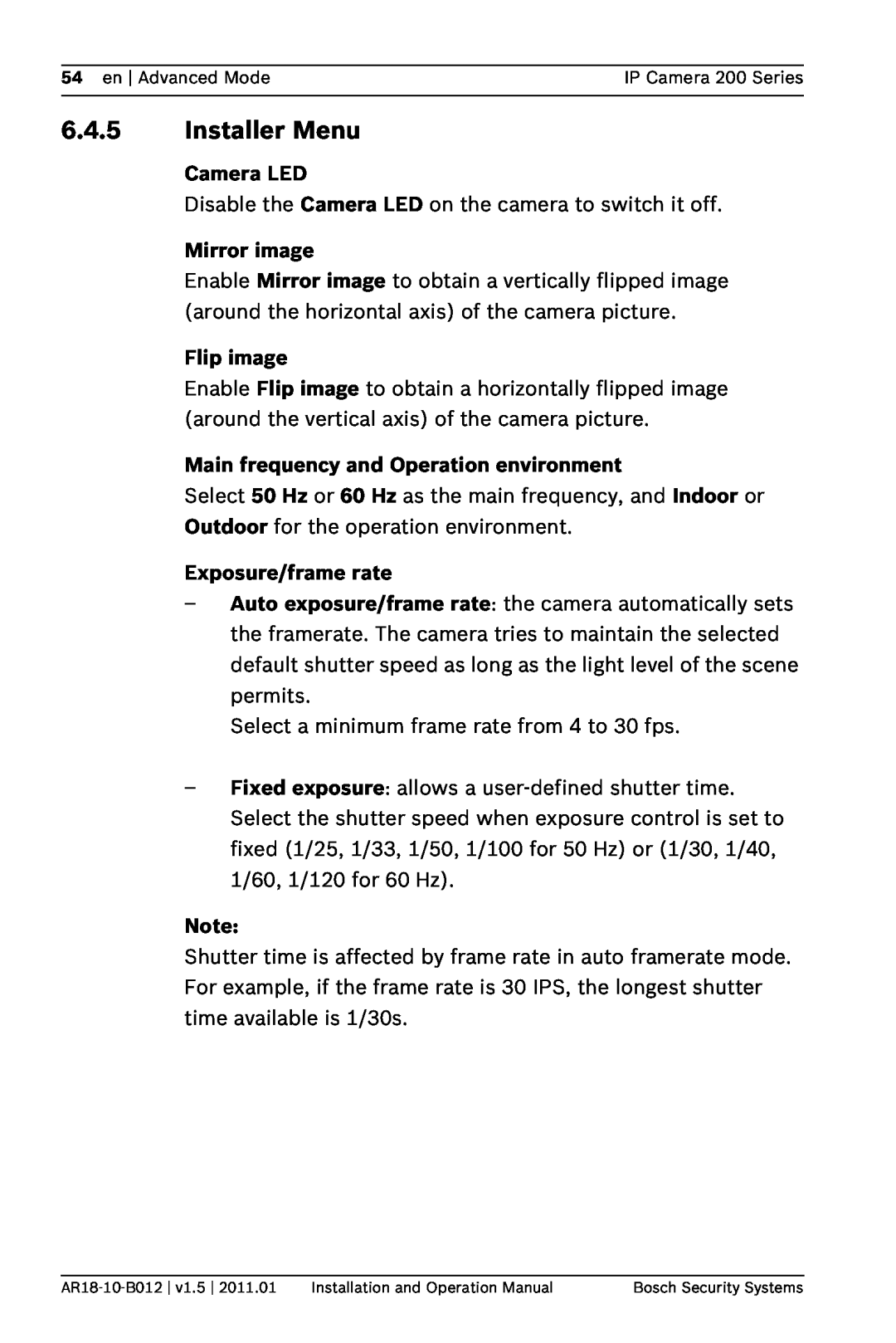 Bosch Appliances NDC-265-P operation manual Installer Menu, Camera LED, Mirror image, Flip image, Exposure/frame rate 